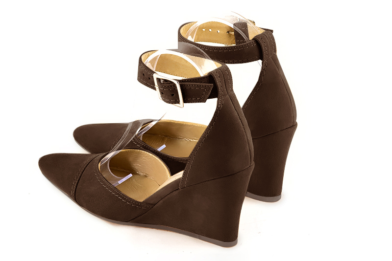 Dark brown women's open side shoes, with a strap around the ankle. Tapered toe. High wedge heels - Florence KOOIJMAN